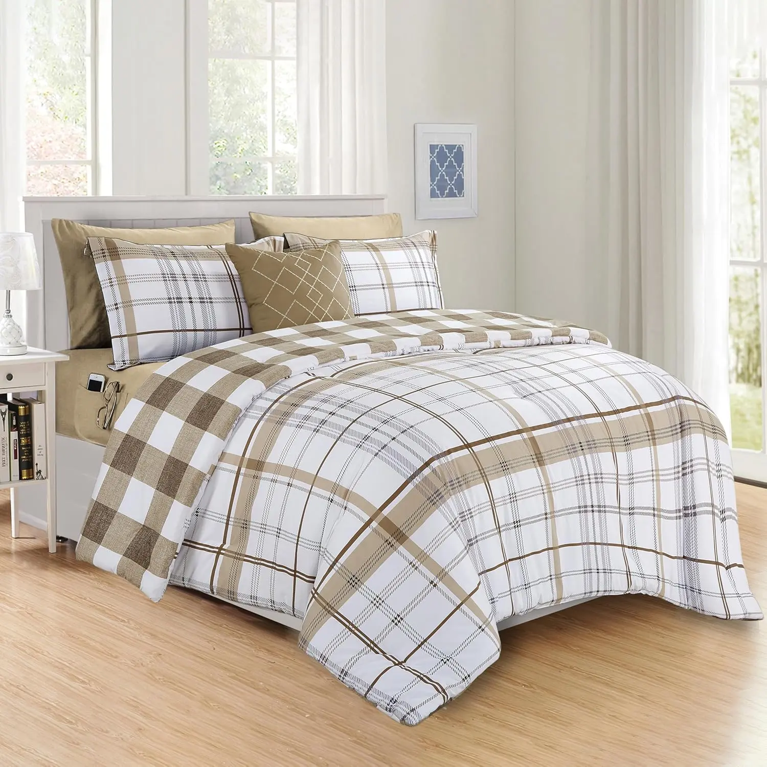 Microfibre Lodge Plaid Bedding Set - Full/Queen, Taupe, Silky Bed Comforter & Sheet Set with Double-Sided Storage Pockets, Wrinkle-Resistant, Stain-Resistant, Machine-Washable, All-Season Use, Bedding Sets