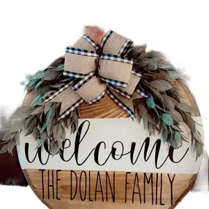 12” Welcome Door Hanger with Greenery & Ribbon for Home Decor