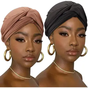 African Turban for Women Knotted Hairwraps Headwraps Ribbed Turban Stretch Jersey Head Scarf Chemo Cancer Cap