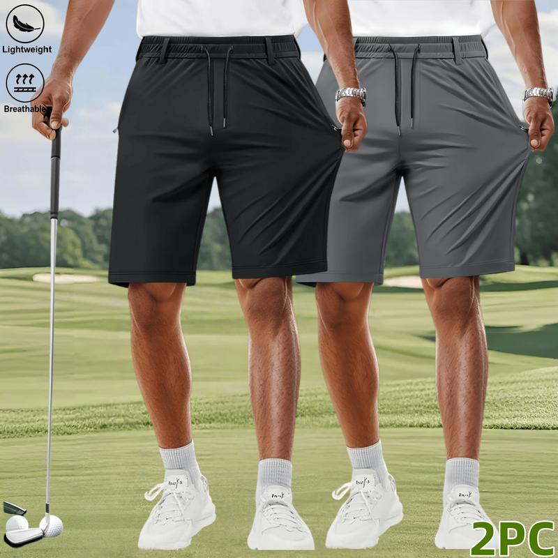 Men's 2-Pack High Stretch Regular Multi-Size Golf Chino Shorts - Polyester, Quick Dry, Lightweight, Breathable, Elastic Waist Drawstring, Zipper Pockets, Fashion Casual Running Summer Workout Travel Clothes