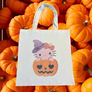 Hello Kitty Halloween Pumpkin Reusable Beige Cotton Tote Bag
