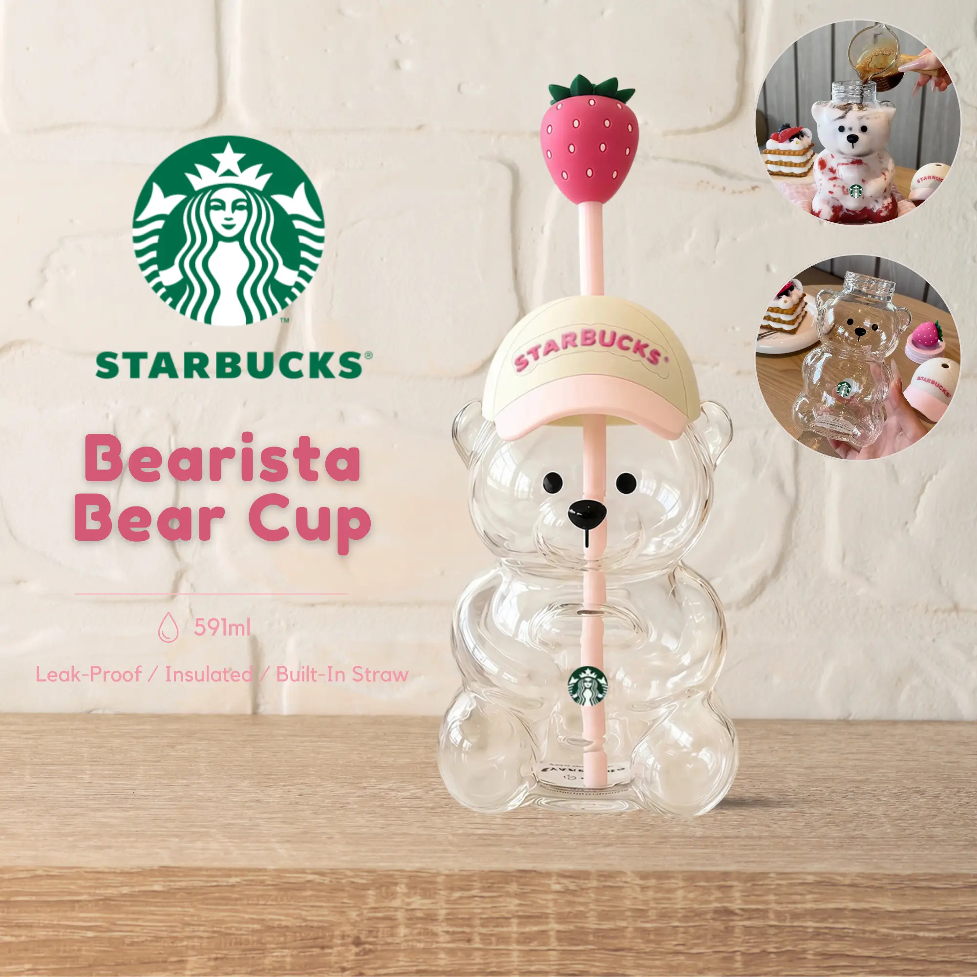 Starbucks Bearista Bear Cup Tumblers Strawberry Topper Baseball Cap 600ML - Aesthetic Glass Tumbler for Iced Coffee & Water - Gift for Her