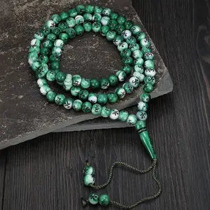 99 Round Beads, Retro Ethnic Style Green Round Acrylic Prayer Beads, Handmade Knotted Beads, Bracelet, Stackable for Both Men and Women, Ramadan Gift, Prayer and Worship Supplies