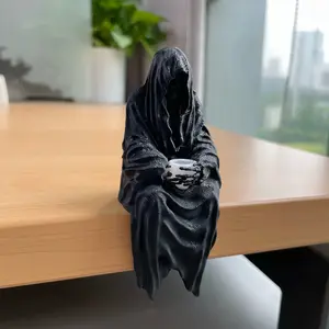 Seated Ghost And Tea Cup- 3D Printed Gothic Decoration, Skeleton Holding Cup, Halloween Horror Decor, Black Resin Figurine