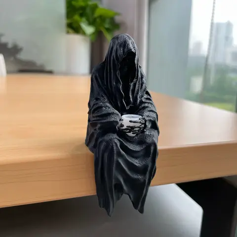 Multi-Size Durable Black Resin 3D Printed Seated Hooded Skeleton Figurine - Tea Cup-Holding Spooky Dark Humor Statue, Gothic Home Decor Shelf Ornaments, Desk Perch, Halloween Gift for Adults, Decorative Figurines