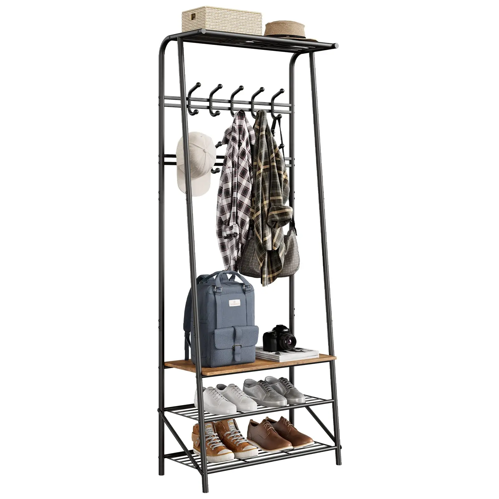 Garvee Rectangular Metal Coat Rack with Shoe Cabinet - 10 Retractable Hooks, Robust, Stable, Quick & Easy Assembly, Modern Industrial Look for Entryway, Vestibule, Office Organized Space, 64×29×180 cm, Entryway Table, Quick And Easy Assembly