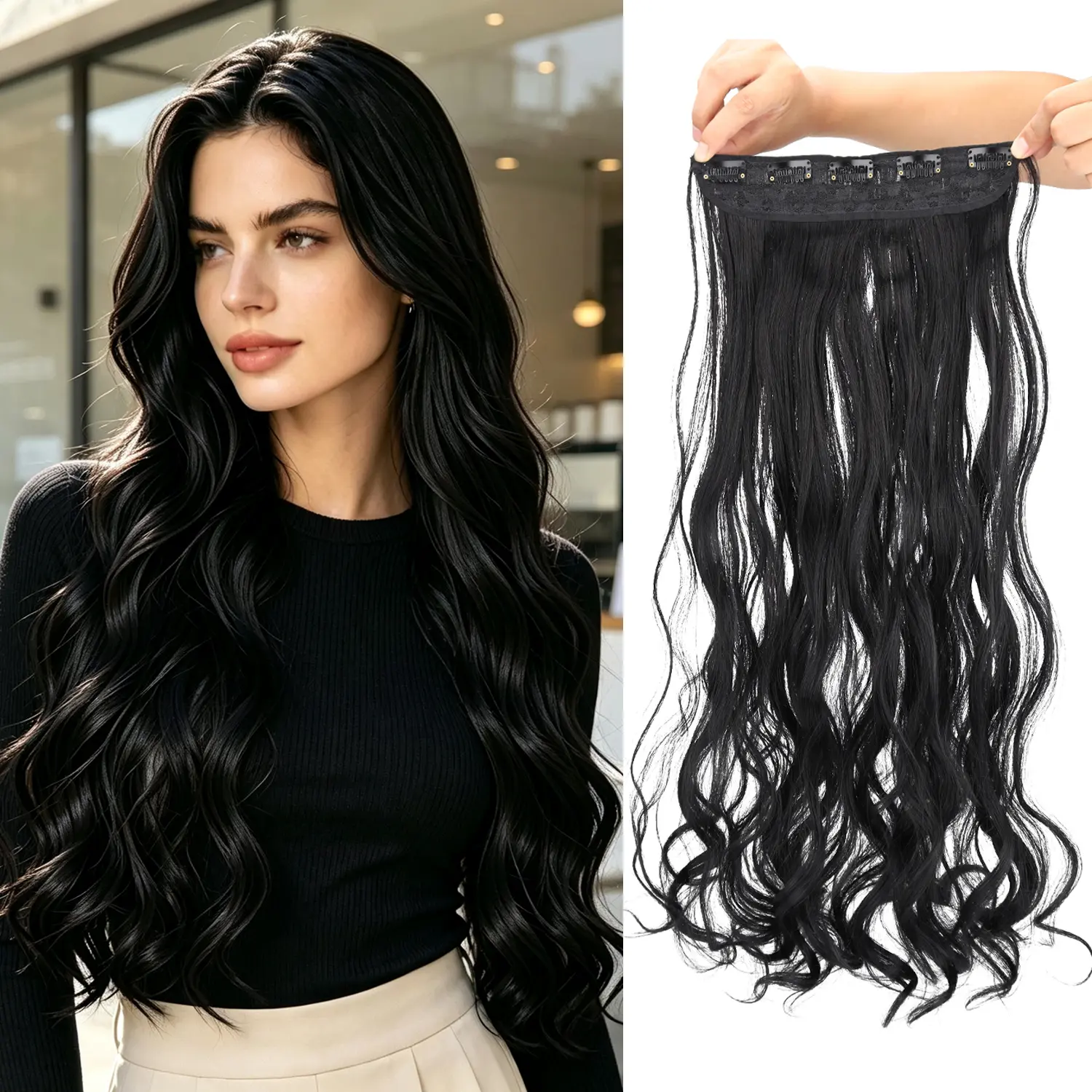 30Inch Wavy Clip‑In Hair Extensions Heat Resistant Synthetic Black One Piece Hairpiece for Women Daily Party