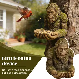5.9 Inch Bigfoot Outdoor Garden Statue Bird Feeder, Mystery Natural Art Hanging & Desktop Decoration, Textured Natural Surface, Moss Accents