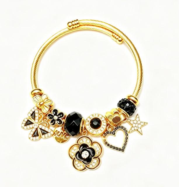 Gold Black Clover Charm Bangle Bracelet for Women, Adjustable Twisted Cable Wire Open Cuff Bracelet with Butterfly Star Heart Crystal Beads Charms, Luxury Dainty Jewelry Gift for Birthday Anniversary