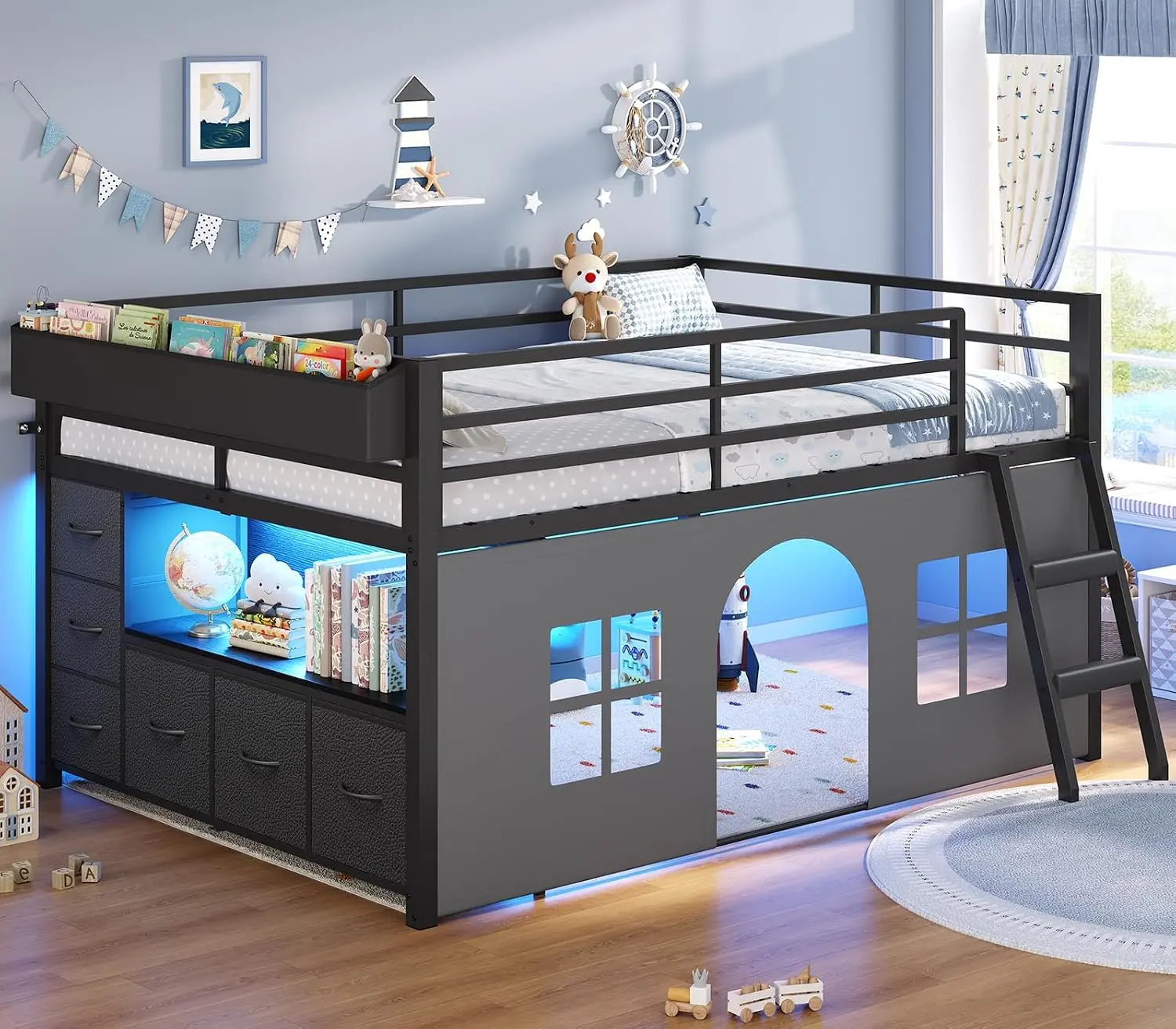 ADORNEVE Kids Low Loft Bed Full Size with Tent and 5 Storage Drawers Metal Loft Bed with Bookcase and Under-Bed Play Space LED Loft Bed with Safety Guardrail and Inclined Ladder