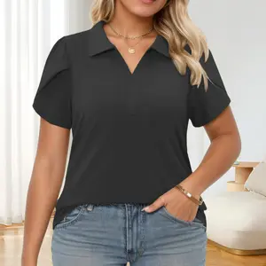 ROSRISS Women's Plus-Size Comfy Rayon Solid Polo Shirts - Collared V-Neck Short-Sleeve Basic Lady Tops, Summer Casual Business Tunics Blouses (Fits Curvy Figures, Paired with Jeans) 0220 tiktokshopspringglowup