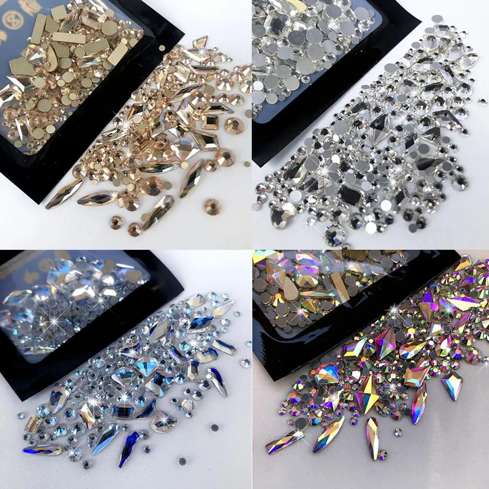 AB/Clear/Moonlight/Gold Mixed Sparkling Crystal Nail Gemstones 3D 150pcs Flat Round Rhinestone & 20pcs Large Shaped Rhinestones