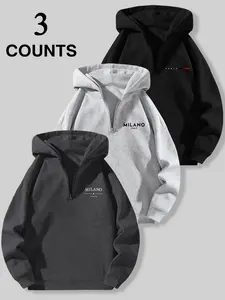Men's Fall Winter Graphic Print Half-Zip Hoodie, Fitted Long Sleeve Pullover, Casual Fashion Daily Wear, 3 Pack Set