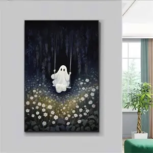 Ghost On The Swing Poster, Funny Halloween Poster, Ghost Poster, Floral Poster, Ghost Wall Art, Spooky Wall Art,