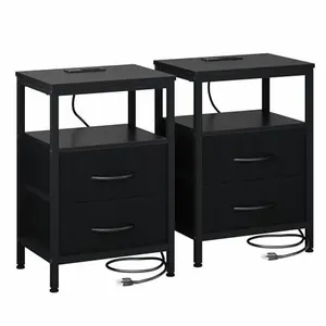 2-Drawer Nightstand with Built-In Charging Station | Fabric Drawer Bedside Table with Open Storage Shelf | Modern White End Table for Bedroom & Living Room