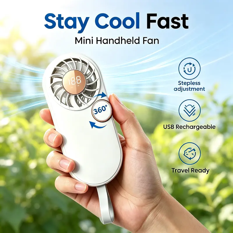 Mini Handheld Cordless Rechargeable Small Portable Fan - USB-Chargeable (5V 1A or Higher), 360-Degree Rotation, Stepless Speed Control, Digital Display, Space-Saving, Energy-Saving, 0.154 lbs, Comfy Airflow, EDC Gear for Travel, Outdoor Cooling, Small Fan