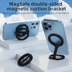 Magnetic Phone Ring Holder Foldable Multifunctional Car Desktop Pop Socket Cellphone Stand Mount Portable Lightweight Strong Adsorption 360° Rotation 180° Folding Dual Use for Car & Desktop Adjustable Landscape Smartphone Mount