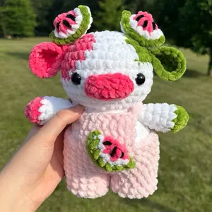 Crochet Watermelon Cow - Pink and White Design with Watermelon Motif and Green Accents