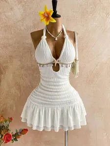 Women's White Halter Bodycon Dress | Twist Shell Decor Mini Dress | Sexy Beach Resort Vacation Outfit