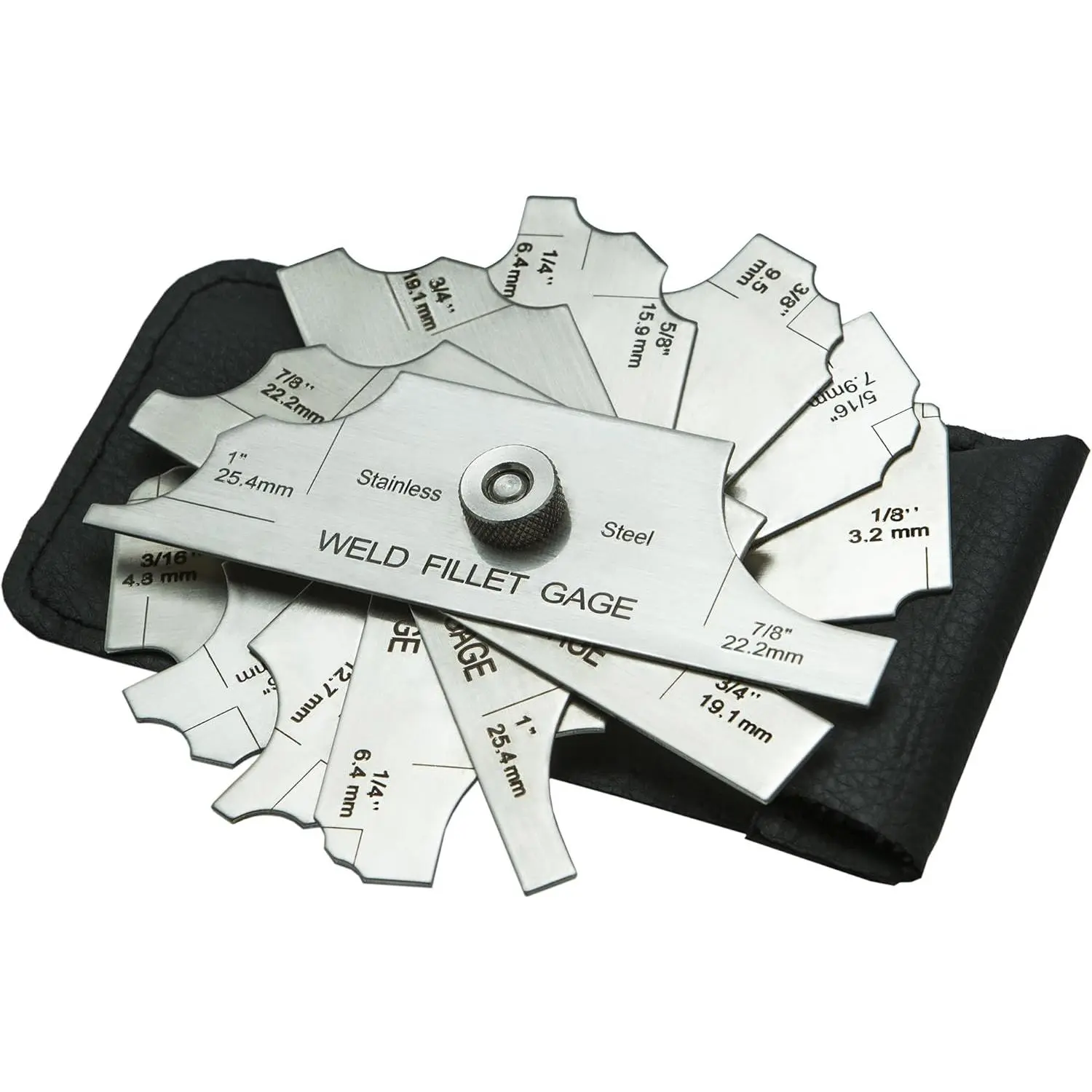 7-Count Metal Fillet Welding Inspection Gauge Set - Industrial Hardware Tool with Leather Case, Easy-to-Read, 1/8"-1" Imperial Inches/Metric mm Measurements for Professional Welders (Quick Accurate Checks), Fillet Gauge