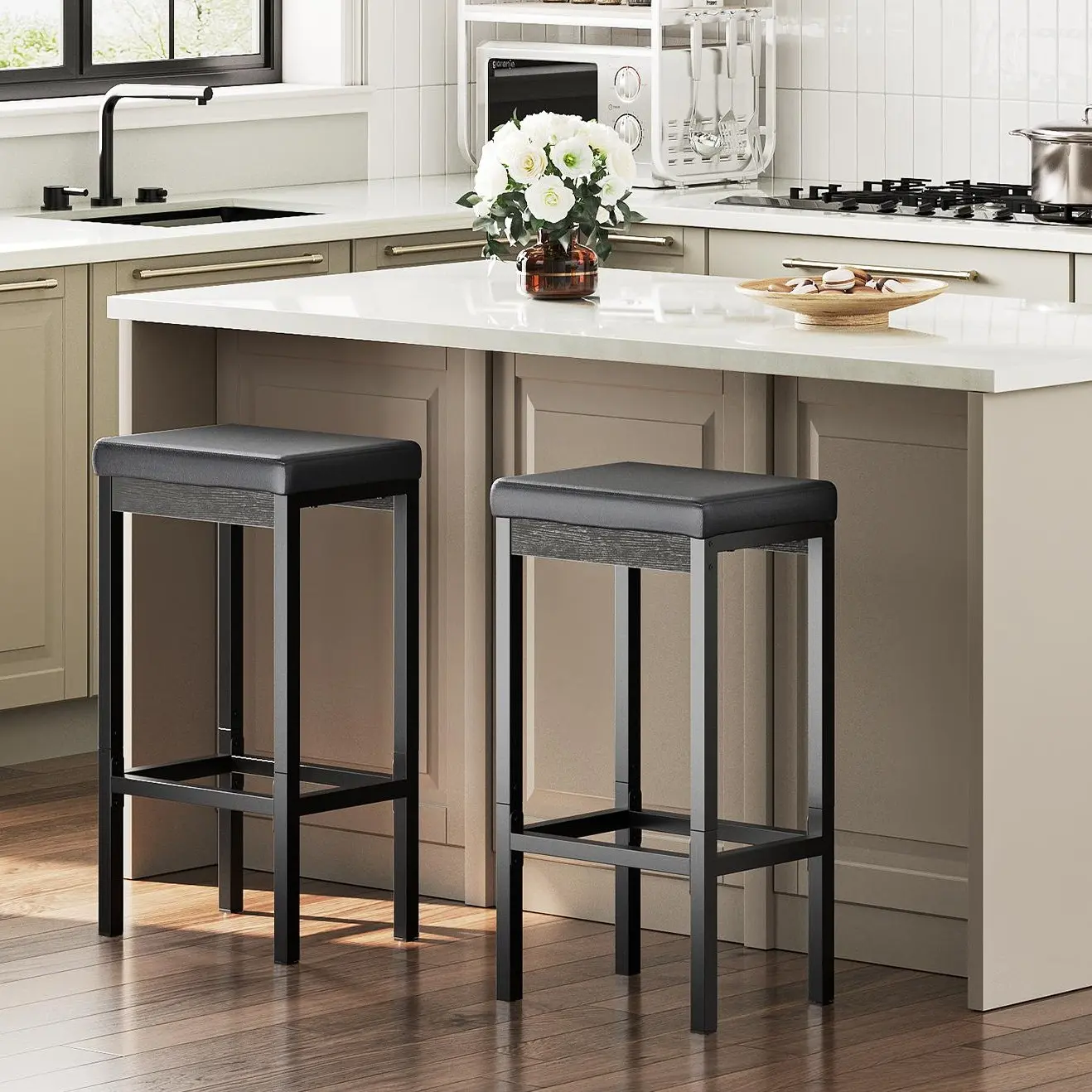 HOOBRO Dining Table, 24.8-Inch Bar Stools, Vintage Set of 2 Kitchen Bar Chairs, 2" Thick Upholstery Breakfast Bar Stool, for Kitchen,  Dining Room, Cafe, Bar Counter, Black #SummerVibes