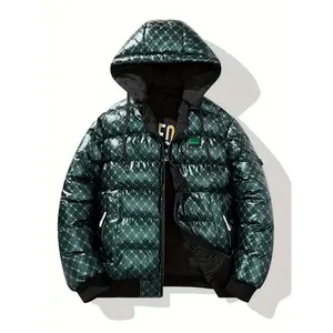 Men's Fashion Puffer Jacket, Double-Sided Shiny Hooded Windproof Insulated Coat, Casual Style, Polyester Material, Solid Color, Regular Fit, with Pockets, Woven Fabric