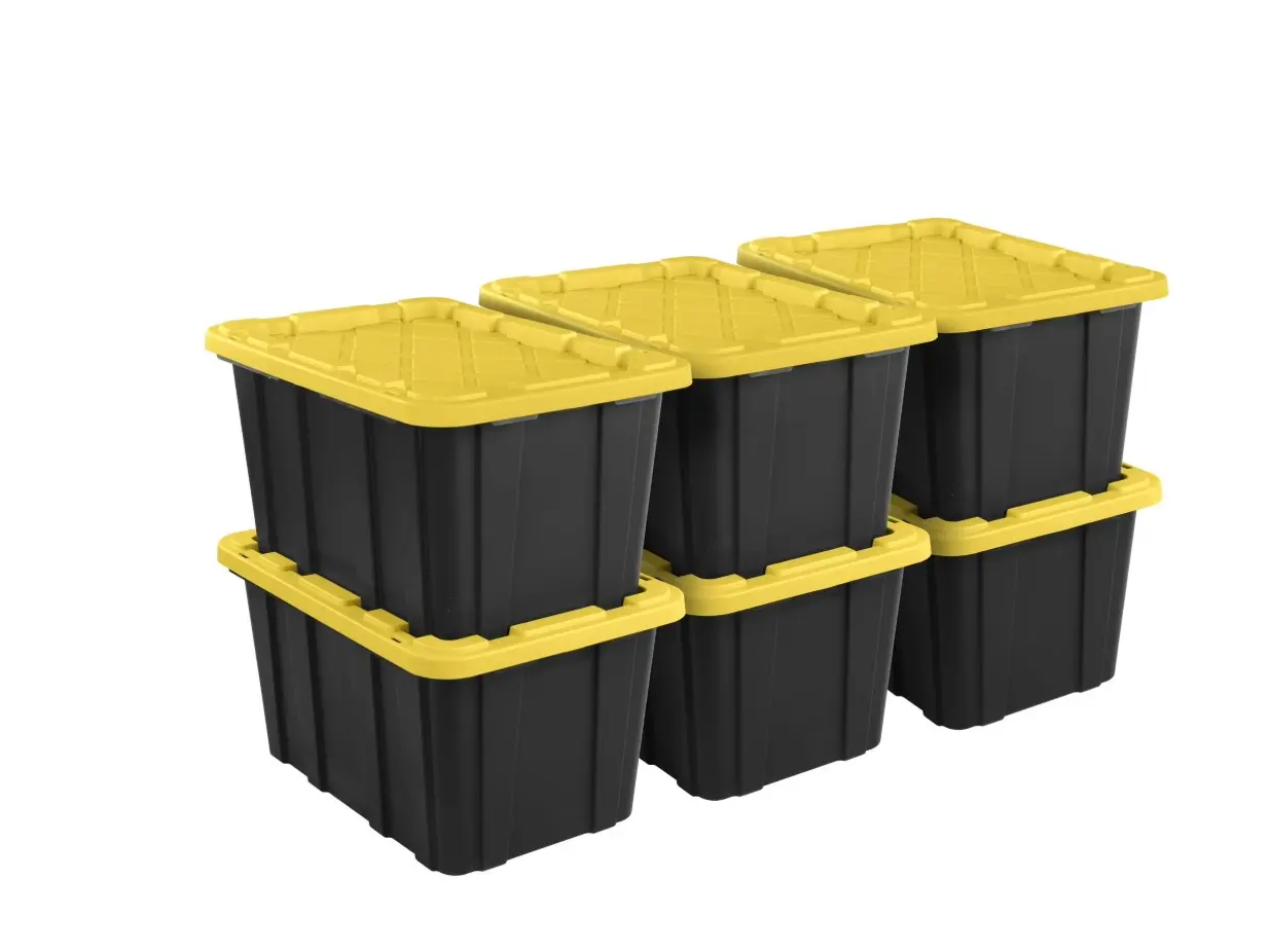 (6 Pack) Large Storage Bin, 27 Gallon Durable Plastic Storage Tote with Snap-On Lid, Black and Yellow