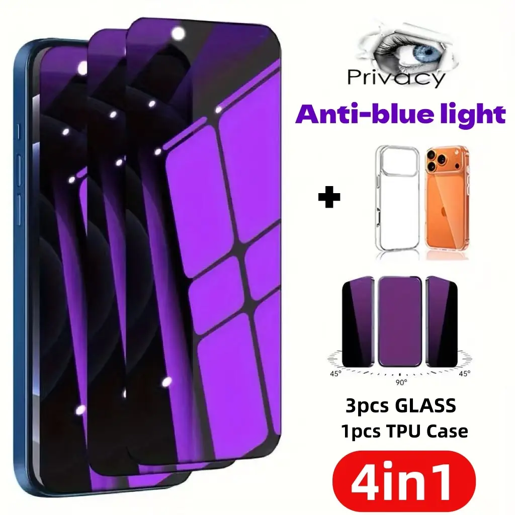 4in1 3pcs Anti-Blue Light Privacy Screen Protector+1pcs Phone Case For iPhone 17/17 Air/17 Pro/17 Pro Max/16/15/14/Plus/13/12/Mini/11/XR/X/XS/XS MAX,9H Hardness,Anti-Spy,Anti-Fingerprint,Scratch-Resistant,Protection,Compatible Dynamic Island, Accessories