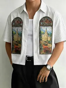 Men's Relaxed Fit Striped Short Sleeve Collared Shirt Vintage Stained Glass Art Print Button Up Casual Shirt For Vacation Daily Streetwear