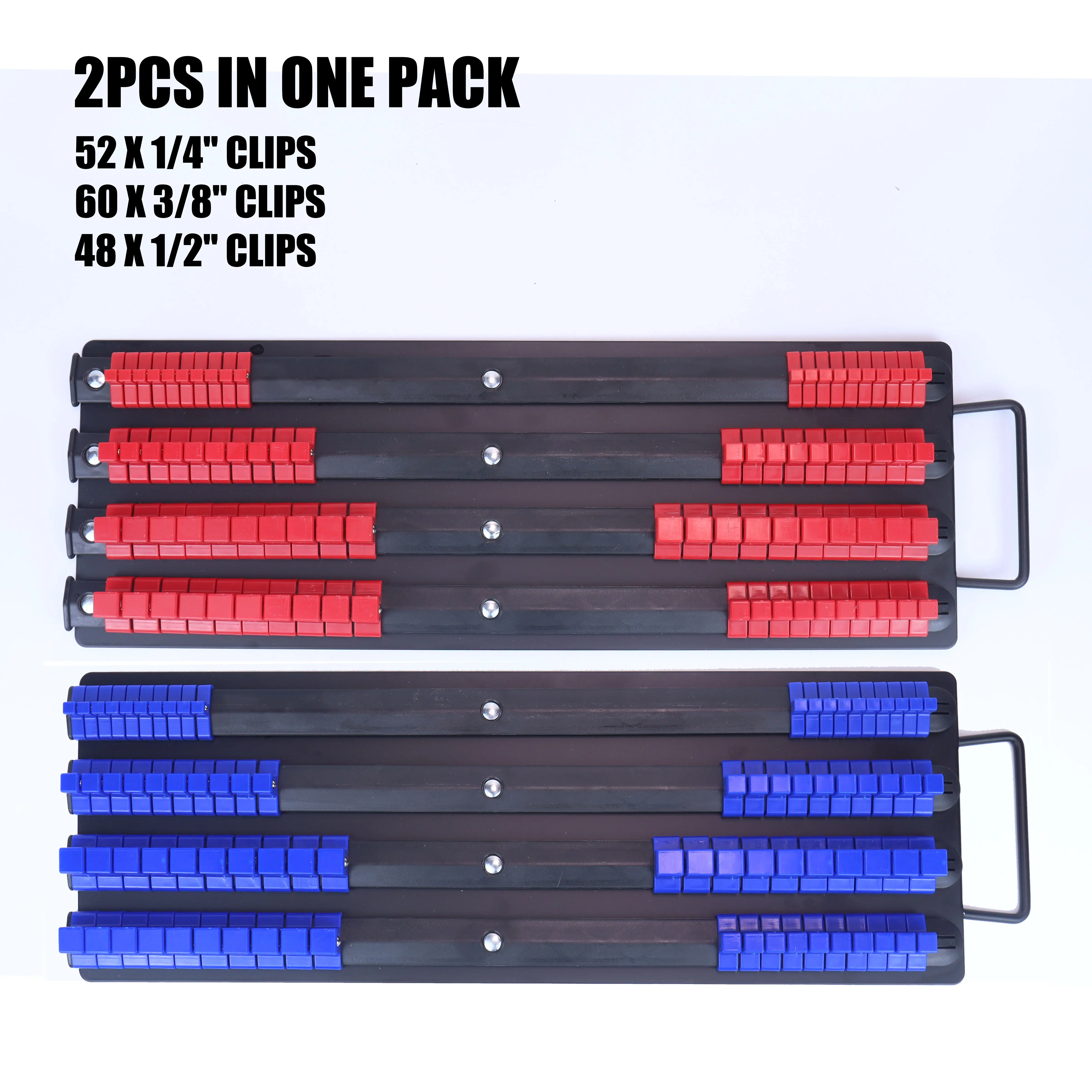 2Pcs Heavy-Duty Portable Socket Organizer Tray Set with 160 Clips, Multi-Drive Socket Holder for 1/4", 3/8", 1/2" Drives, Toolbox Org Storage Rails with Carrying Handles for Garage