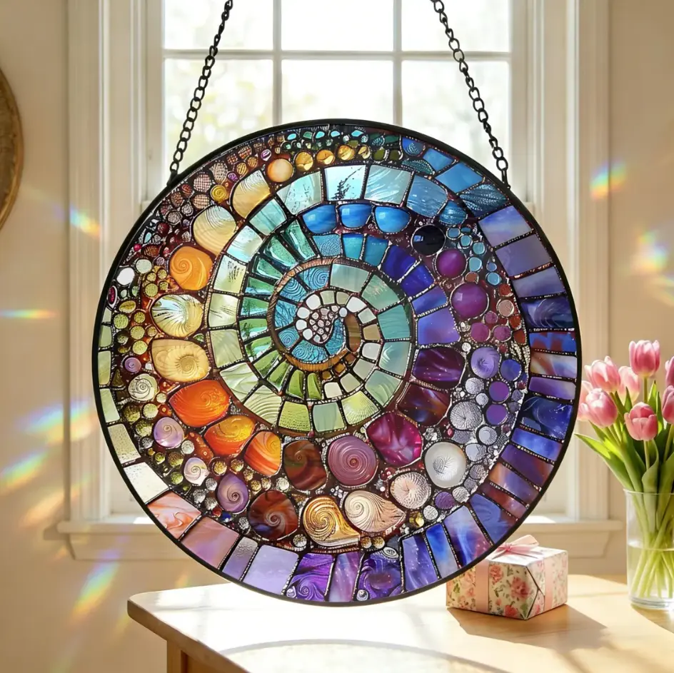 Handmade Round Stained Glass Nautilus Suncatcher Window Hanging - Spiral Shell Art Panel with Rainbow Lights, Colorful Mosaic Home Window Decor, Coastal Beach Gifts