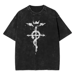 Fullmetal Alchemist Red Logo Men's T Shirt Washed Japanese Anime Novelty   Tees Short Sleeve Round Neck T-Shirts Cotton Clothing         WHJ L6H