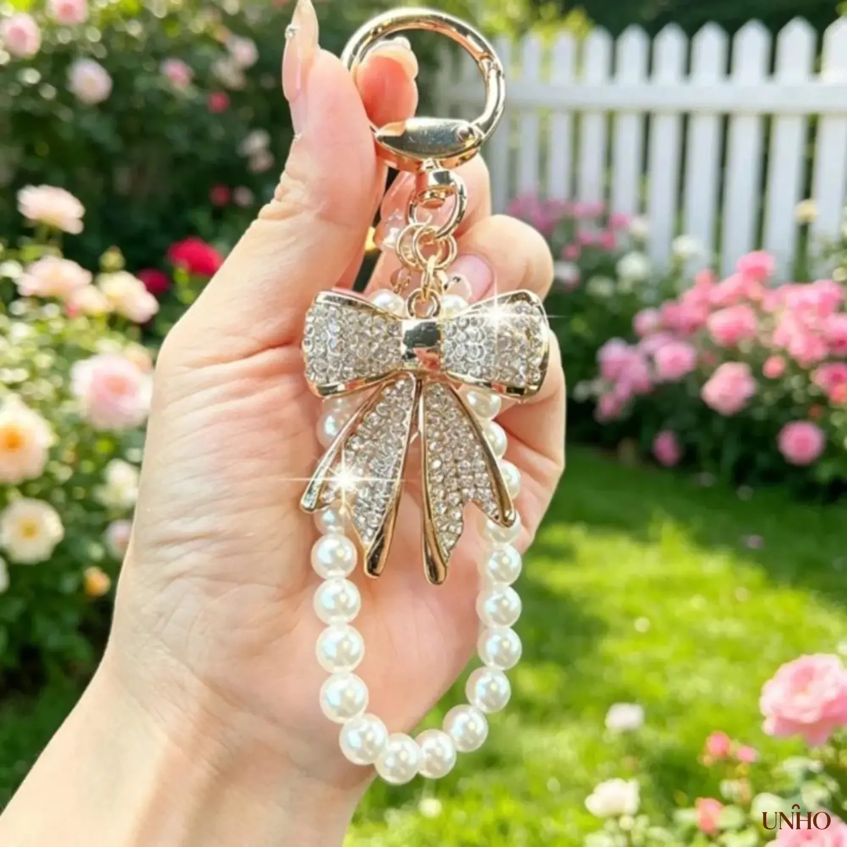 Rhinestone Bow Pearl Wristlet Key Ring Bag Charm, Shiny Crystal Bow Pendant With Gold Lobster Clasp Pearl Loop, Elegant Feminine Accessory For Women Handbags Daily Car Keys & Chic Holiday Gift