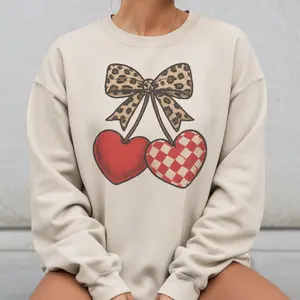 Valentine's Day Cherry Sweatshirt Leopard Bow Checkerboard Valentines Cherries Pullover Red Heart Cherries Womens Crewneck Casual Unisex Sublimation Top