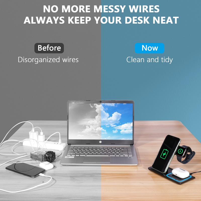 3 in 1 Wireless Charging Station for Apple15W Foldable Charging Station for Samsung Devices, Qi-Certified for iPhone 18/17/16/15/14/13/12/11/Pro/Max/X/XR/iWatch-SE/6/5/4/3/2 & AirPods, Included QC-3.0 Adapter