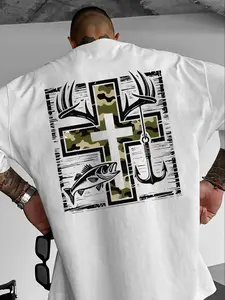 Outdoor Religious "Fishing Cross Camo" Graphic Fitted Tee - Rustic Faith-Inspired Casual T-Shirt Menswear