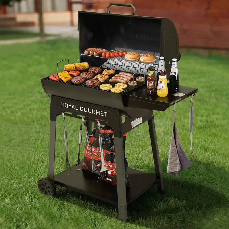 Royal Gourmet CC1831 Barrel Charcoal Grill with Side Shelf & Bottom Shelf, BBQ Heavy Duty Outdoor, 626 Sq. In. Large Cooking Area, Perfect for Backyard, Patio Parties, Camping and Picnics, Black BBQ Grill