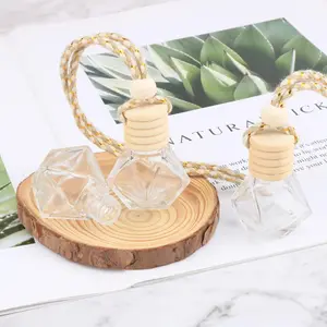 Hanging Car Air Freshener Diffuser Bottle, Reusable Transparent Glass Essential Oil Holder with Wooden Cap and Hanging Rope