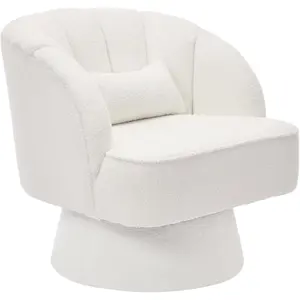 Beige Modern Swivel Vanity Chair with Pillow, Mid-Back Teddy Barrel Accent Chair 360° Upholstered Armchair Makeup Vanity Chair with Arm Support for Living Room Bedroom Reading Nook