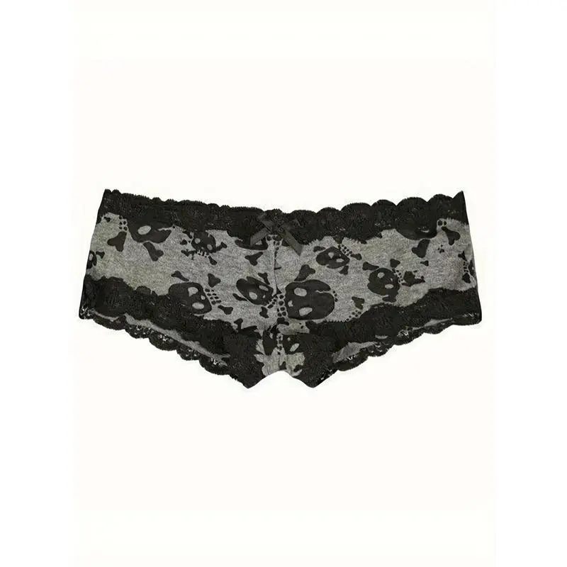 Women's Gothic Polyester Shorts - Retro Low Waist Micro Elastic Knit Bottoms with Geometric Pattern Skeleton Print, Contrast Lace Trim, Bow, for Yoga, Outdoor (Do Not Dry Clean)