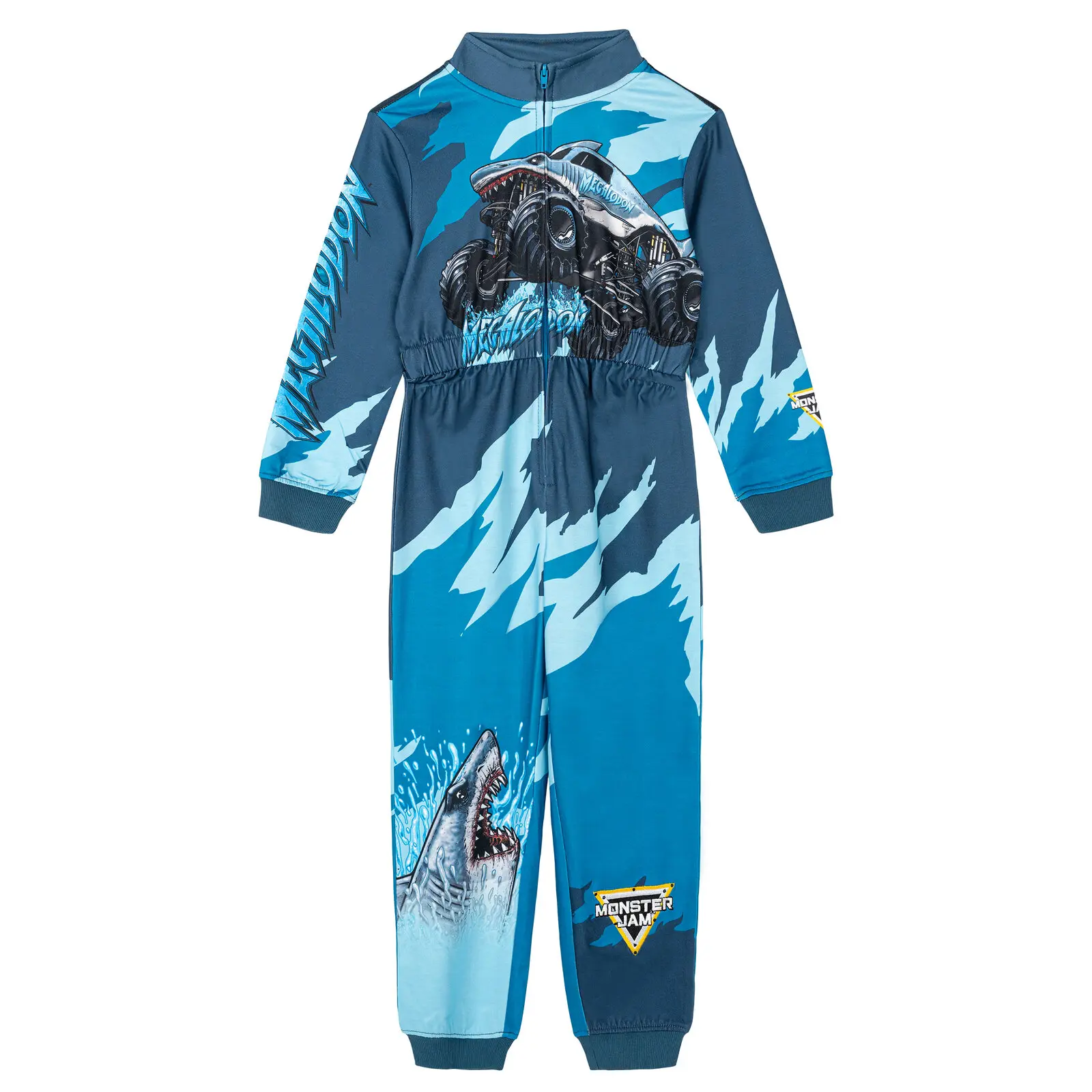 Monster Jam Megalodon Boys' Midweight Polyester Zip-Up Coverall - Toddler (4t) to Big Kid, Graphic, Banded Sleeve, Elastic Waist, Jacquard Patch, Camouflage, Costume for Parties, Pretend Play Outfit