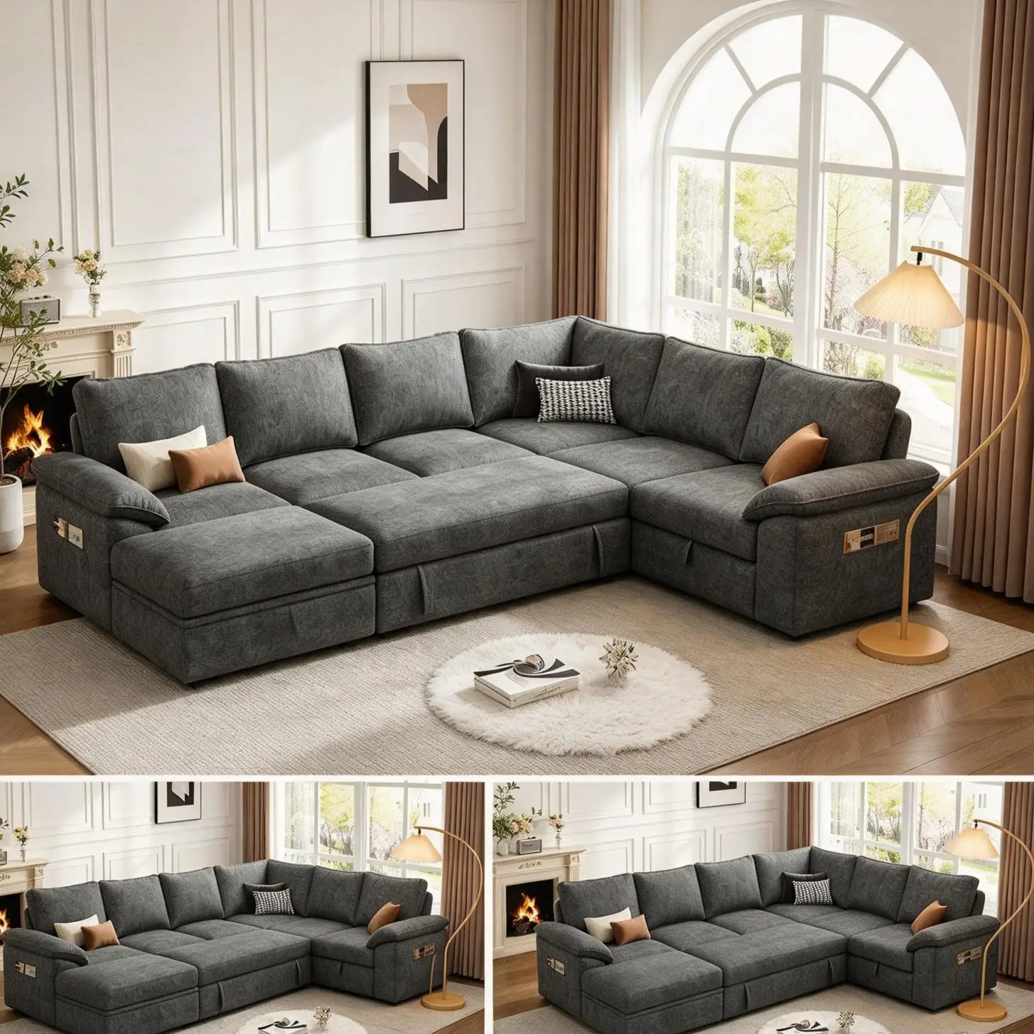 Huge Comfortable 108 Inch Sectional Sleeper Sofa with Pull Out Bed, U Shaped 5/7 Seat Modular Sectional Sofa with Storage, Sectional Couches for Living Room, Cloud Modular Couch, Removable Sofa Cove