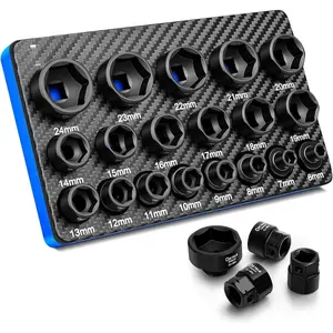 19- 3/8" Drive Metric Stubby  Socket Set, Low Profile Design  Sockets for Tight Spaces, Cover 6mm-24mm, Cr-Mo Steel