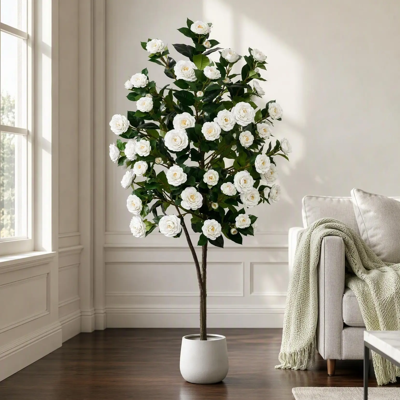 5FT Artificial White Camellia Tree, Lifelike Faux Blooming Flower Tree with White Round Planter, Tall Floor Potted Plant for Indoor Living Room Home Decor