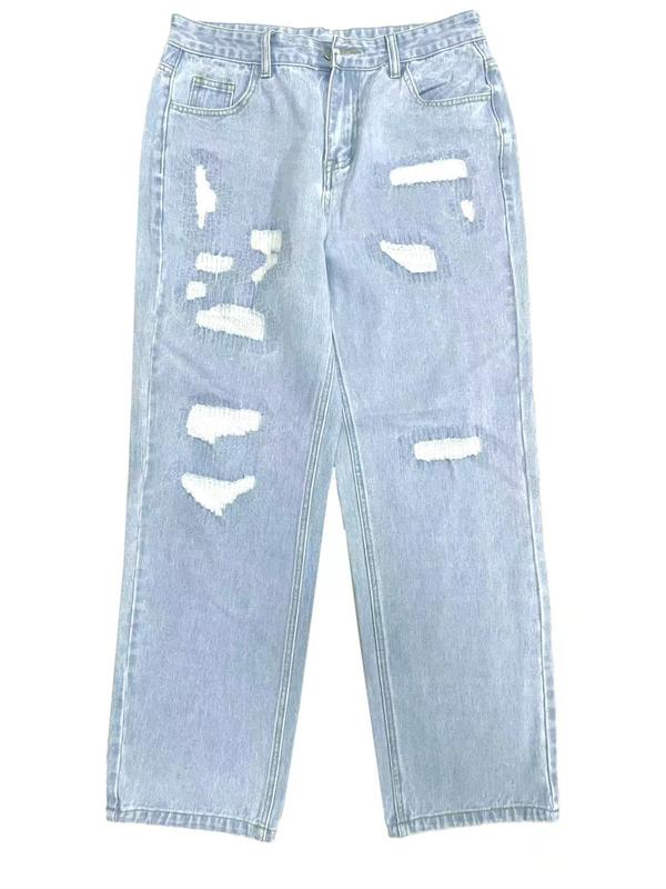Men's Y2K Korean Style Hip-Hop High Street Ripped Washed Denim Jeans, Loose Casual Trendy Wide Leg Long Pants with Pockets