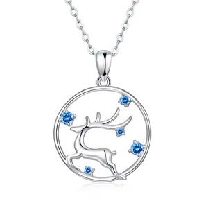 Christmas Deer Necklace 925 Sterling Silver Running Elk Pendant Lucky Deer Jewelry Gift for Women