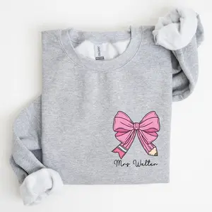 Custom Teacher Coquette Bow Sweatshirt, Custom Teacher Name Sweatshirt, Teacher Appreciation Gift, Cute Teacher Christmas Sweatshirt, Back To School