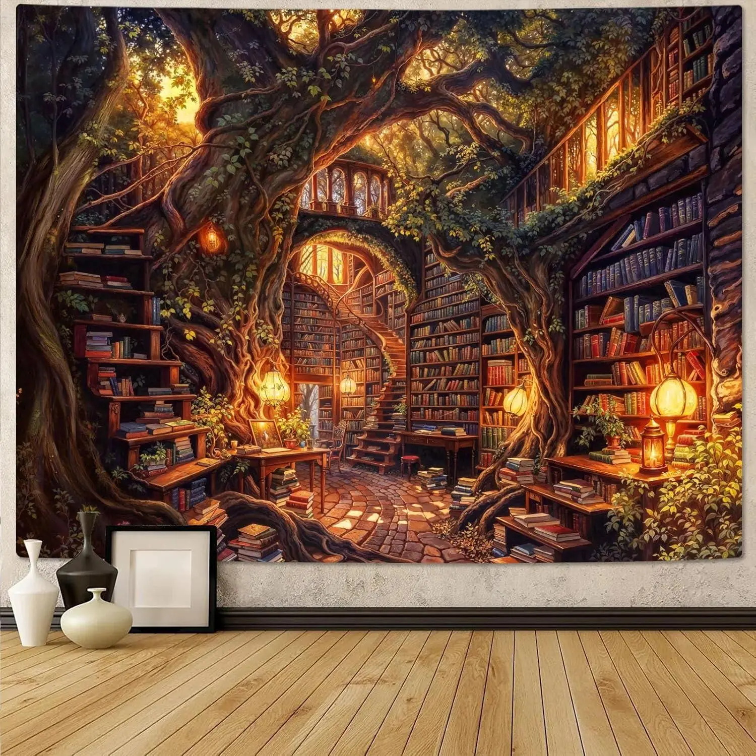 Accnicc Forest Library Tapestry Tree Bookshelf Tapestries Wall Hanging Vintage Fantasy Fairy Treehouse Book Large Tapestry for Bedroom Living Room Dorm Classroom 80 x 60 inch Decor Gift