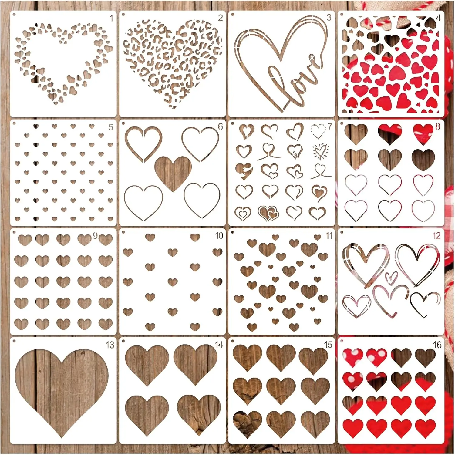 16 Pieces Heart Stencils for Crafts Reusable Mixed Media Geometric Painting on Canvas Scrapbook Paper Fabric Pillows Card Making (16 Heart)