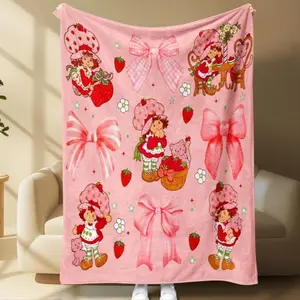 Ultra-Soft Flannel Blanket with Strawberry & Girl Cartoon Design, Cozy Throw for Bedroom Sofa Travel, Perfect Gift for Family Friends Applies to Super soft  decorative sofa/sofa/bedroom Cartoon Blanket